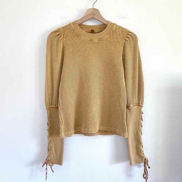 Free People One Tasha Thermal Waffle Knit Lace Up Puff Sleeve Top Dark Yellow XS - Picture 11 of 15